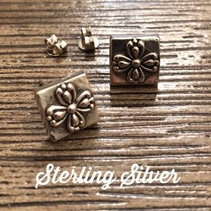 Sterling Silver Square Stud Earrings Flower Center